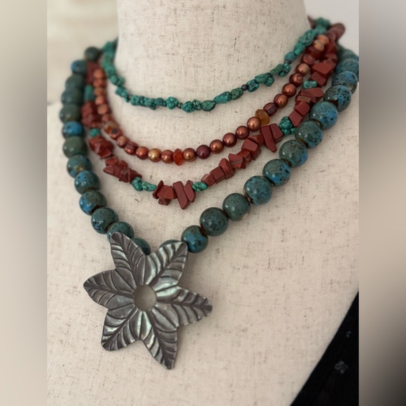 Artisan Multi Strand Turquoise and Pearl Necklace - Picture 2 of 7